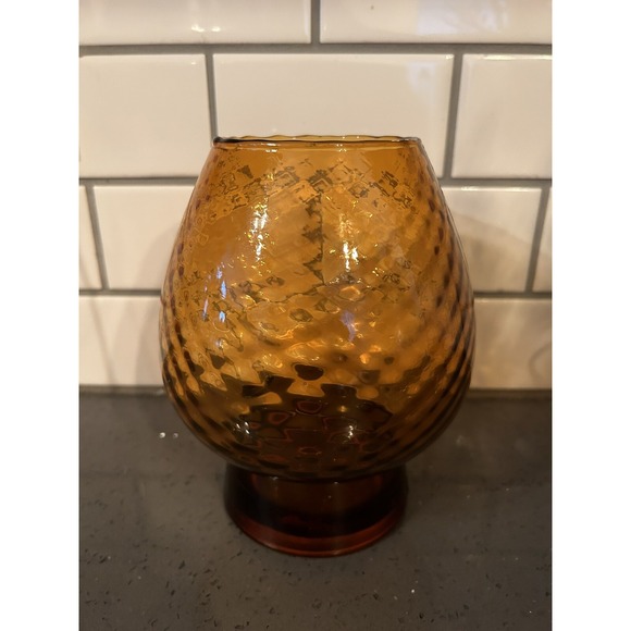 Vintage Empoli 8" Dark Amber Brown Vase Quilted Optic Base Made in Italy Candle - Picture 1 of 4